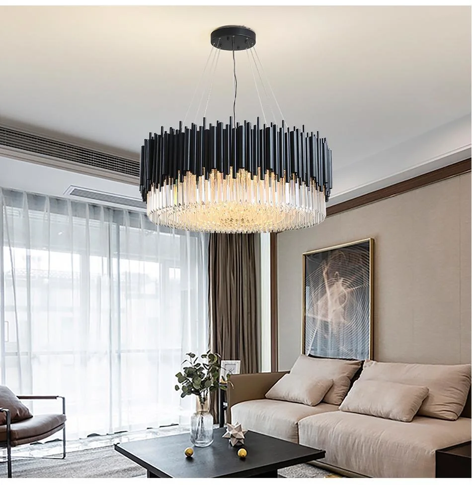 Modern Luxury LED Interior Design Round K9 Crystal Black Metal Living Room Decorative Chandelier Pendant Lamp